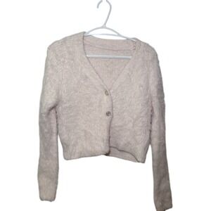 Soft Pink Fuzzy Knit Cropped Cardigan Button Front Mohair Style Y2K Coquette